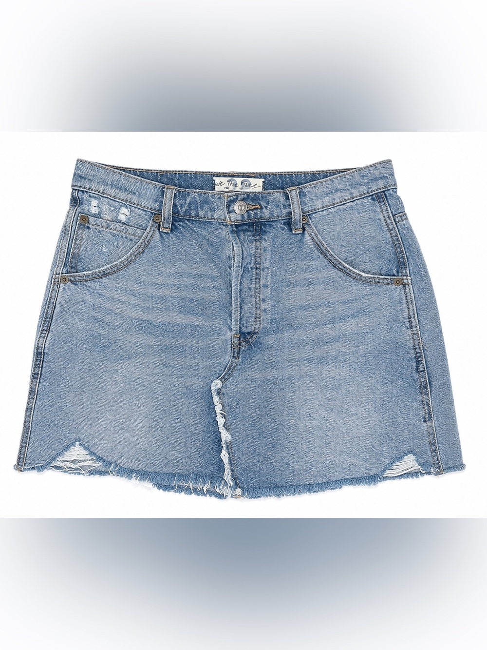 Free People We The Free Distressed Denim Mini Skirt Size 28 Raw Hem